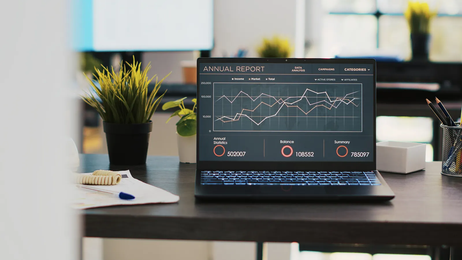 A laptop on an office desk showing search traffic charts