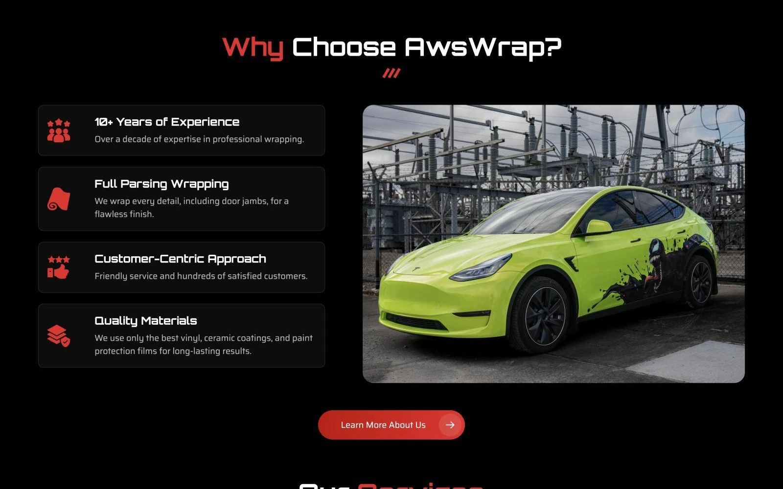 Why Choose AwsWrap section with a wrapped Tesla