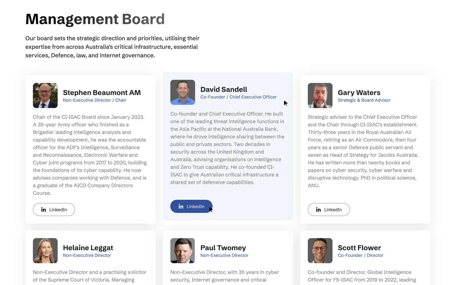 Management board on the About page
