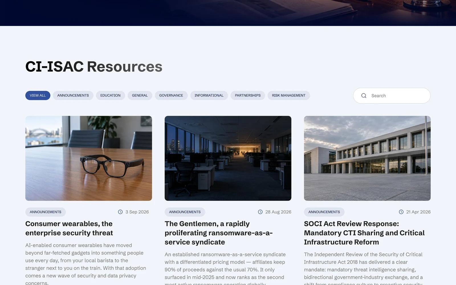 CI-ISAC Resources hub with category filters